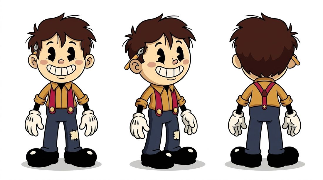 Hoja de personaje de Tino: de frente, de tres cuartos y de espaldas, con camisa mostaza, tirantes rojos y zapatos negros