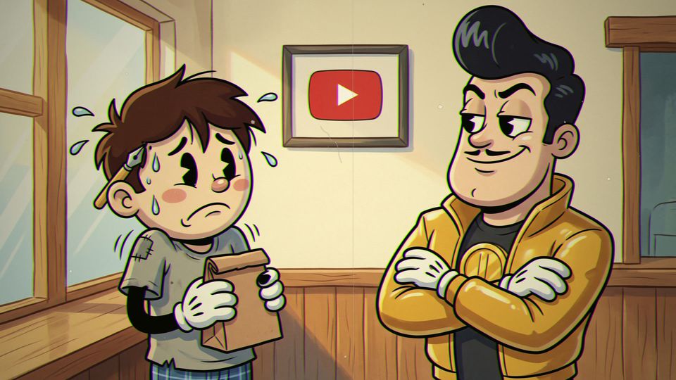 Tino, nervioso y sudando con una bolsa de papel, junto a un youtuber presumido de chamarra dorada