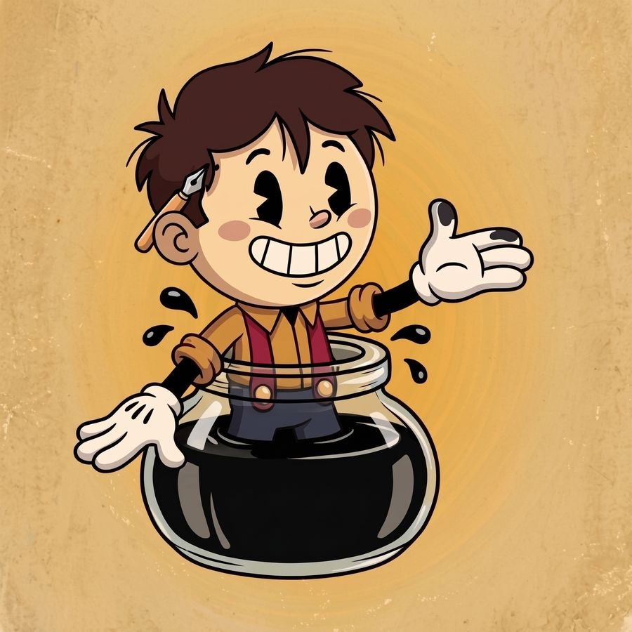 Tino Tintero, caricatura de los años 30 con guantes blancos y una plumilla detrás de la oreja, saluda saliendo de un tintero